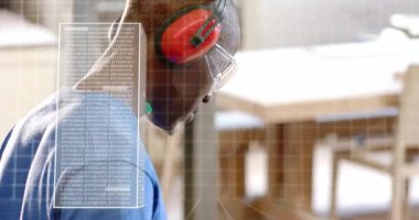 Woodworker noticing code panels lifting tablet, powering sander, shaping plank under tech clouds. Craftsman, digital integration, industrial, innovation, modern, technology, craftsmanship