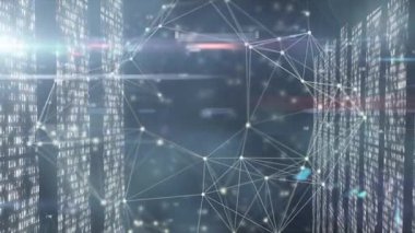 Dijital arayüzdeki noktaları finansal verilere bağlayan ağın animasyonu. Dijital bileşik, teknoloji, yapay zeka, bağlantı, geliştirme, veri, kodlama, iş, ağ oluşturma.