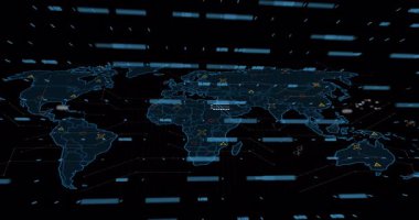 Arkaplanda dijital veri işleme ve dünya haritasının animasyonu. Küresel bilim, bağlantılar, veri işleme ve dijital arayüz kavramı dijital olarak oluşturulmuş video.