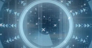 Çoklu iş konsepti metinleri üzerinden yuvarlak tarayıcı ve mikro işlemci bağlantılarının animasyonu. Bilgisayar arayüzü ve iş teknolojisi kavramı