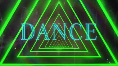 Dijital dalgaya karşı dans metni afişi üzerinde kusursuz desenli eşmerkezli üçgenlerin animasyonu. Video oyunu arayüzü ve teknoloji kavramı