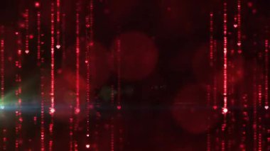 Parlayan kırmızı kalplerin ve düşen siyah arkaplandaki ışık izlerinin videosu. Sevgililer Günü, aşk ve romantizm konsepti dijital olarak oluşturulmuş video.