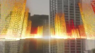 Güneşli bir günde modern binaların dış yüzeyi. Alfa kanalında teknoloji grafiği.