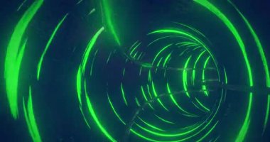 Döngü tünelinde hareket eden neon yeşil çizgilerin canlandırması. Dijital olarak üretilmiş, illüstrasyon, hologram, soyut, sanat, tasarım, simetri ve teknoloji kavramı.