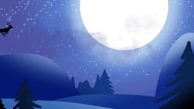 Holly ve karın gece boyunca dolunaylı kış manzarasına düşüşünün animasyonu. Noel, kış, gelenek ve kutlama konsepti dijital olarak oluşturuldu.