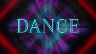 Mor neon tünelin üzerinde pürüzsüz desenli neon dans metninin animasyonu. Gece kulübü ve parti konsepti