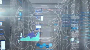 Sunucu odasındaki grafiksel sunumla mikroişlemci bağlantılarının animasyonu. Dijital bileşik, yapay zeka, telekomünikasyon, bulut hesaplama, geliştirme.