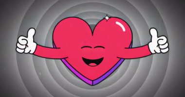 Pembe kalp ortaya çıkan merkez parmaklarını kaldırarak dalgalanan dalgalar gibi oyuncu onayı veriyor. Animasyon, çizgi film, neşeli, canlı, pozitif, dijital, oyuncu