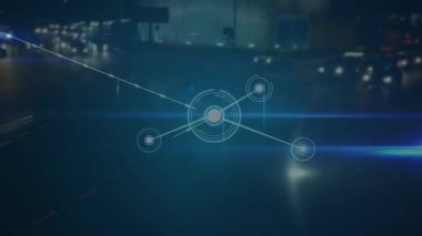 Gece şehir trafiğine karşı bağlantı ağının animasyonu. Küresel ağ ve iş teknolojisi kavramı
