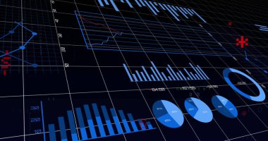 Veri görselleştirmesi koyu 3D şebeke panelinde, bar grafikleri, pasta grafikleri ve çizgi grafikleriyle gösteriliyor. Fütürist, analitik, teknoloji, sürükleyici, dijital, arayüz, kesinlik