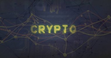 Pikselleştirilmiş CRYPTO 'nun parlayan ağ düğümleriyle karanlık dijital devre arkaplanı üzerinde titreşimi gösteriliyor. Teknoloji, engelleme zinciri, siber güvenlik, veri, yenilik, dijital, fütürist