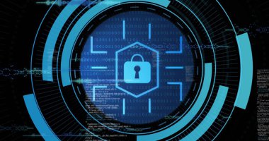 Ekranda HUD halkaları ve ikili akışlarla parlayan altıgen içinde mavi asma kilit simgesi gösteriliyor. Siber güvenlik, şifreleme, dijital arayüz, fütürist, güvenlik, ağ, teknoloji