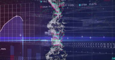 Analitik ortamda yüzen DNA sarmalını ikili kod, çizgi grafiği ve dalga biçimleriyle göstererek. Gelecek, veri, teknoloji, görselleştirme, dijital, soyut, analitik