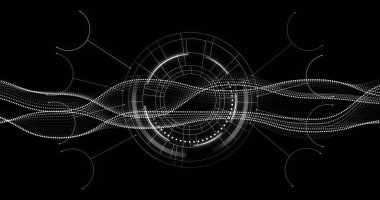 Noktalı dalgalar, ızgara çizgileri ve yay konnektörleri ile boşlukta titreşen konsantrik dijital arayüz. Fütürist, teknoloji, arayüz, görselleştirme, veri, siber, parlak
