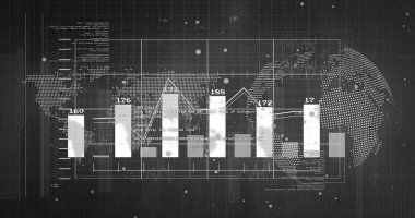 Sayısal çubuklar ve noktalı harita ile arayüzde çubuk grafiği gösteriliyor. Analizler, veri görselleştirme, büyüme, teknoloji, bilgi, içgörü, modern