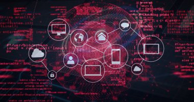 Dijital arayüzde bulut, telefon ve asma kilit simgelerini kodla birbirine bağlayan ağ diyagramı gösteriliyor. Teknoloji, bağlantı, siber güvenlik, dijital altyapı, veri güvenliği, bilgi akışı, ağ mimarisi