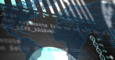 Kırmızı işaretler ve parlayan küre ile gösterilen holografik mavi harita gösteriliyor. Coğrafi, teknolojik, fütüristik, veri görselleştirme, analitik, dijital arayüz,