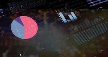 Yüksek teknolojili UI 'nin sol tarafını kaplayan pembe lavantalı pasta grafiği gösteriliyor. Fütürist, veri, görselleştirme, soyut, neon, torpido, analitik