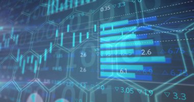 Yatay çubuk grafiği sayısal etiketleri gösteriyor, PC ekranında eğilim çizgileri, hex ızgaralı, ikili kodlu. Fütüristik, veri, analitik, görselleştirme, dijital, teknoloji, arayüz