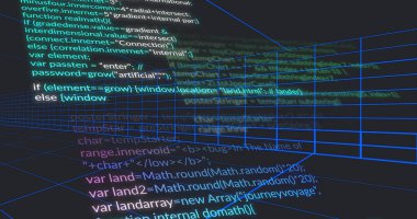 Sanal kodlama uzayındaki kablo şebeke küplerinin üzerinde çok renkli kod parçacıkları gösteriliyor. Siber uzay, görselleştirme, dijital, geleceksel, teknoloji, arayüz, algoritma