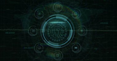 Siber güvenlik gösterge panelinde sekiz güvenlik simgesi bulunan merkezi parmak izi ikonu görüntüleniyor. Futuristik, dijital, arayüz, güvenlik, teknoloji, ağ, veri