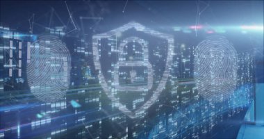 Ofiste yüzen holografik kalkan ikonu, parmak izi ikonları ve ağ çizgileriyle yansıtılıyor. Gelecekçi, teknoloji, dijital, güvenlik, yüksek teknoloji, siber, yenilik