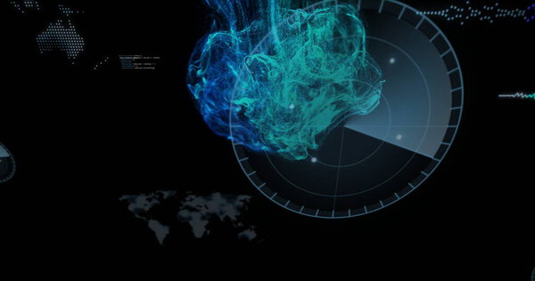 Отображение крутящейся бирюзовой голубой цифровой сетки, накладывающей круговой радар в виртуальной панели управления. Технологии, аналитика данных, футуристические, цифровые, кибернетические, сетевые, информационные технологии