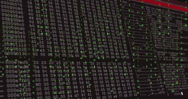 Showing computer display executing hex dump analysis at tech lab, with binary and ASCII columns. Digital, cybersecurity, programming, data analysis, technical, neon, interface