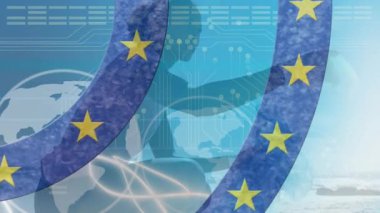 Gönüllü temizlik plajının üzerinde bayrak ve dünya animasyonu. Küresel vatanseverlik ve dijital arayüz kavramı dijital olarak oluşturulmuş video.