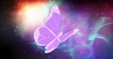 Mor kelebeğin kanatlarını açtığında, eksen üzerinde dönerek, sağa doğru kayarak benekleri açığa çıkarır. Fantasy, cosmos, motion, animasyon, canlı, sürreal, semavi