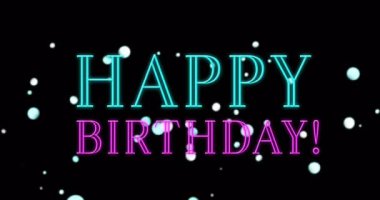 Karanlık arka planda düşen simgelerin üzerine Mutlu Yıllar metninin animasyonu. Küresel sosyal medya ve eğitim kavramı dijital video oluşturuldu.