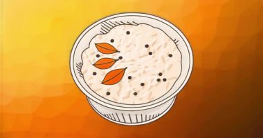 Oynatma başladığında, beyaz kase kremalı sütlaç turuncu yaprakları renklendirmek için yavaşça dönüyor. Minimalist, enerjik, aşçı, yemek, çizim, estetik, sıcak