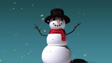 Kış manzarası ve kardan adam üzerinde kayan yıldızların animasyonu. Noel, gelenek ve kutlama konsepti dijital üretilmiş video.