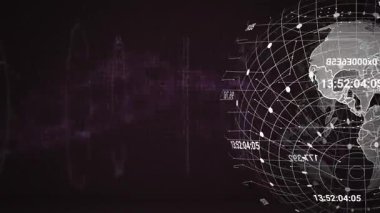 Karanlık arka plan üzerinde veri işleme ile dünyanın animasyonu. Küresel bilim, bağlantılar, veri işleme ve dijital arayüz kavramı dijital olarak oluşturulmuş video.