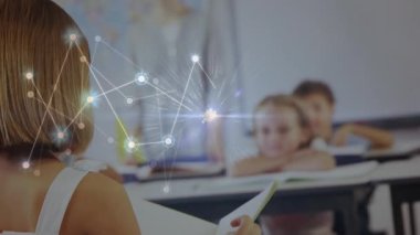 Okulda kitap okuyan bir kızın dikiz aynasıyla bağlantıların ve dünyanın animasyonu. Okul ve eğitim teknolojisi kavramı