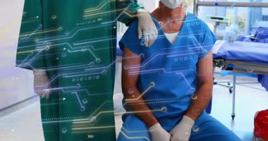 Cerrahlar destek için akranlarına el atarken dijital devre grafikleri ameliyathaneyi süpürüyor. Tıbbi, takım çalışması, işbirliği, sağlık, teknoloji, yenilik, profesyonellik