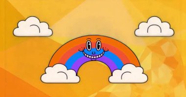 Cartoon rainbow starting growth, color bands expanding, clouds sliding, bouncing blinking for fun. Playful, whimsical, vibrant, animated, geometric, cheerful, illustrative