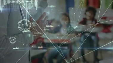 Teacher tapping tablet and pointing at binders while holographic data lines forming network. Education, e-learning, digital, innovation, technology, connectivity, classroom