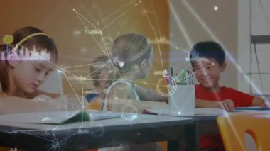 Elementary students writing at school desk, animated network graphics fading in playful interaction. Collaborative, education, teamwork, innovation, youthful, kinetic, learning
