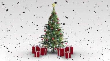 Animation of confetti over christmas tree and presents. Christmas, winter, tradition and celebration concept digitally generated video.