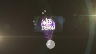 Animation of light trails over shapes and light bulb with web design text on black background. Light, pattern and movement concept digitally generated video.