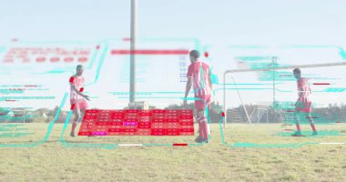Soccer teammates tapping ball, initiating drills, passing near goal with data overlay glitching. Athletic, teamwork, sports, competitive, outdoor, energy, digital