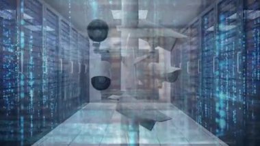 Veri işleme ve sunucu odasındaki güvenlik kameralarının animasyonu. Güvenlik, güvenlik, veri işleme ve ağ konsepti dijital olarak oluşturulmuş video.