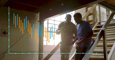 Mentor guiding apprentice starting descending staircase in woodworking shop, moving toward lumber. Collaboration, craftsmanship, mentorship, industrial, workshop, construction, teamwork