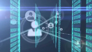 Animation of graphical moving people icons connecting with lines over binary data in loop. Digitally generated, social media, internet, futuristic, data, technology, artificial intelligence concept.