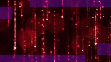 Animation of purple shapes over hearts and light spots on black background. Light, pattern and movement concept digitally generated video.