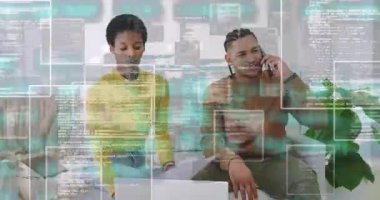 Man placing client call while woman typing code on sofa with animated snippets highlighting code. Collaboration, remote work, technology, modern, casual, communication, productivity