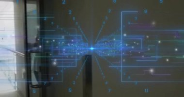 Doctor emerging and checking boy heartbeat with stethoscope while data overlay pulsing. Medical, healthcare, technology, futuristic, pediatric, patient care, diagnostics