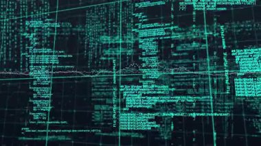 Digital animation of graphical infographic interface screen programming data moving in loop. Digitally generated, multiple exposure, coding, futuristic, technology, artificial intelligence.