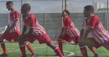 Animation of interface processing data over diverse male footballers stretching on pitch. Sports, competition, fitness and technology concept digitally generated video.